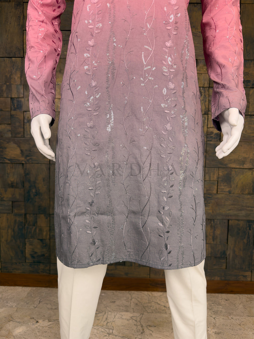Dusty Pink Viscose Kurta with Vertical Vine &amp; Sequin Embroidery