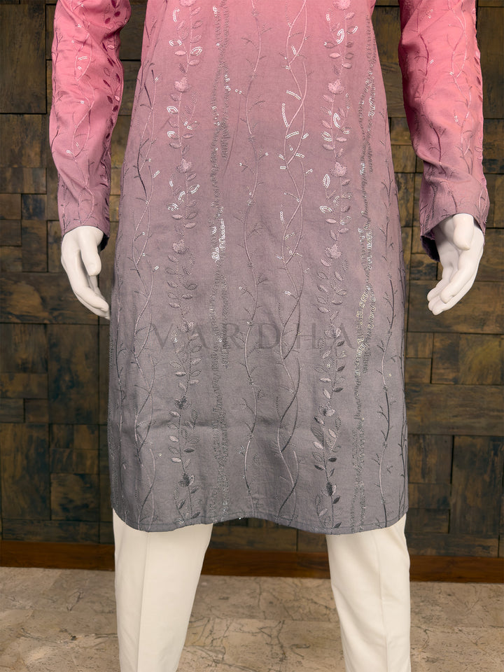 Dusty Pink Viscose Kurta with Vertical Vine &amp; Sequin Embroidery