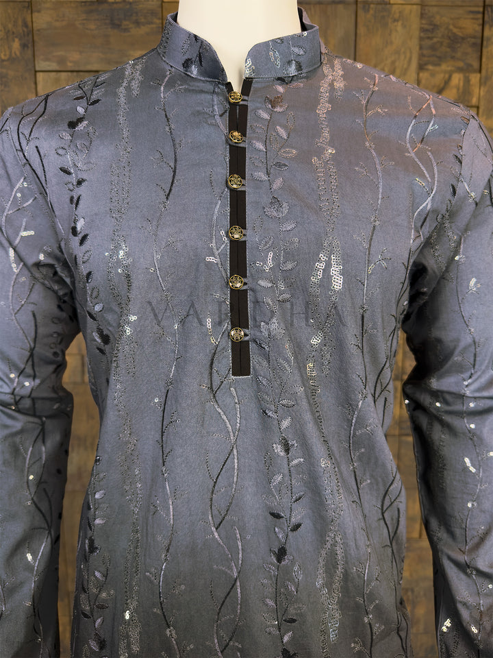 Steel Grey Viscose Kurta with Vertical Vine &amp; Sequin Embroidery