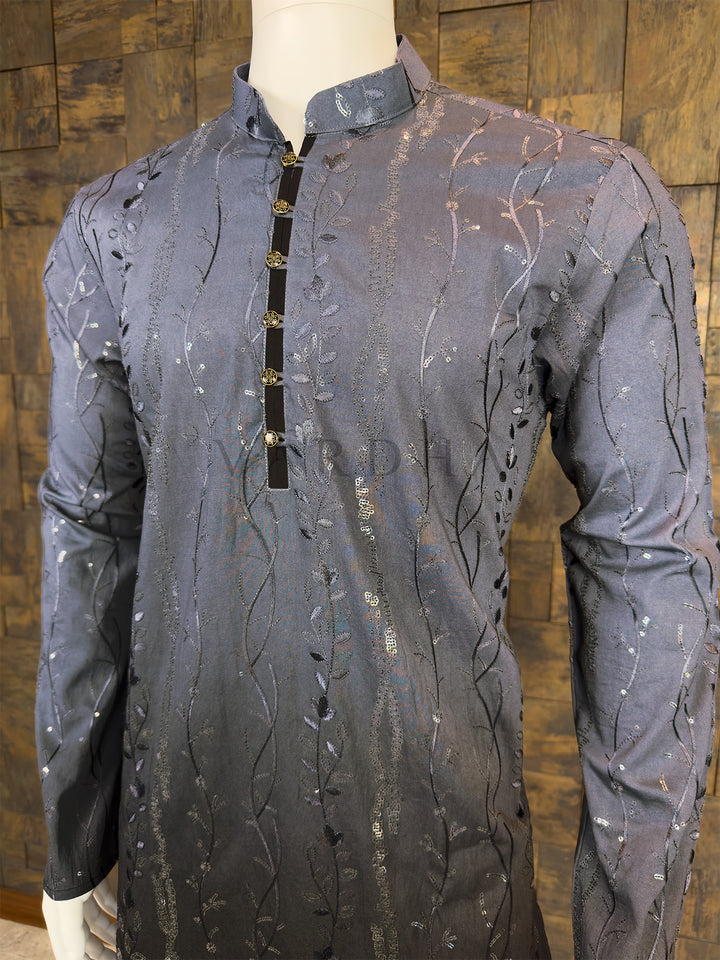 Steel Grey Viscose Kurta with Vertical Vine &amp; Sequin Embroidery
