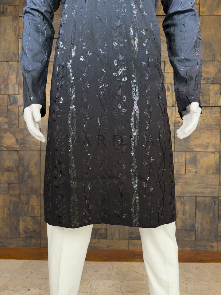 Steel Grey Viscose Kurta with Vertical Vine &amp; Sequin Embroidery