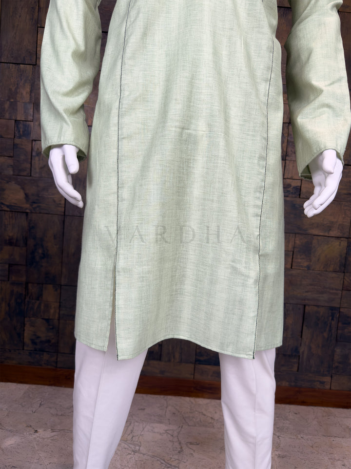 Pale Sage Green Cotton Kurta with Contrast Stitch
