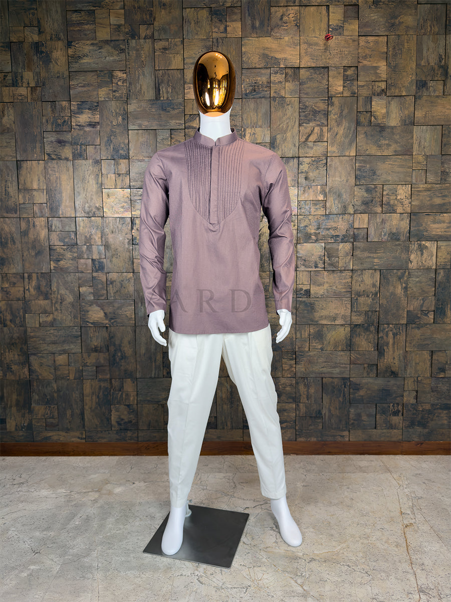 Dusty Taupe Cotton Short Kurta with Structured Pintuck Yoke House of Vardha