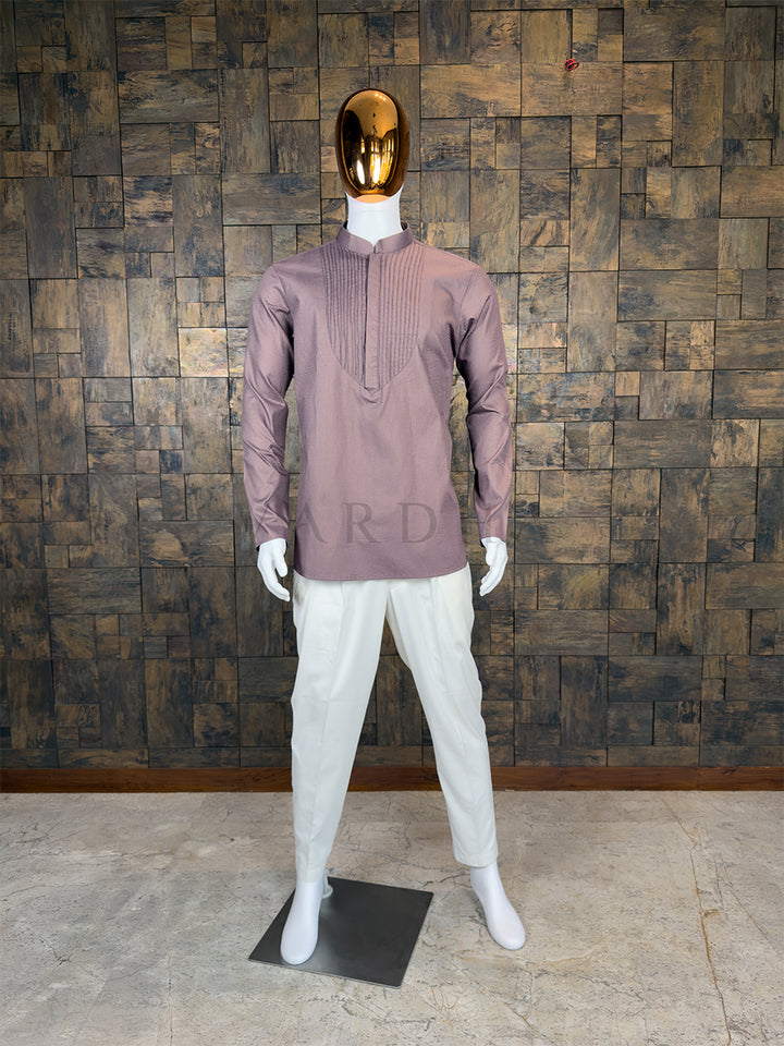 Dusty Taupe Cotton Short Kurta with Structured Pintuck Yoke