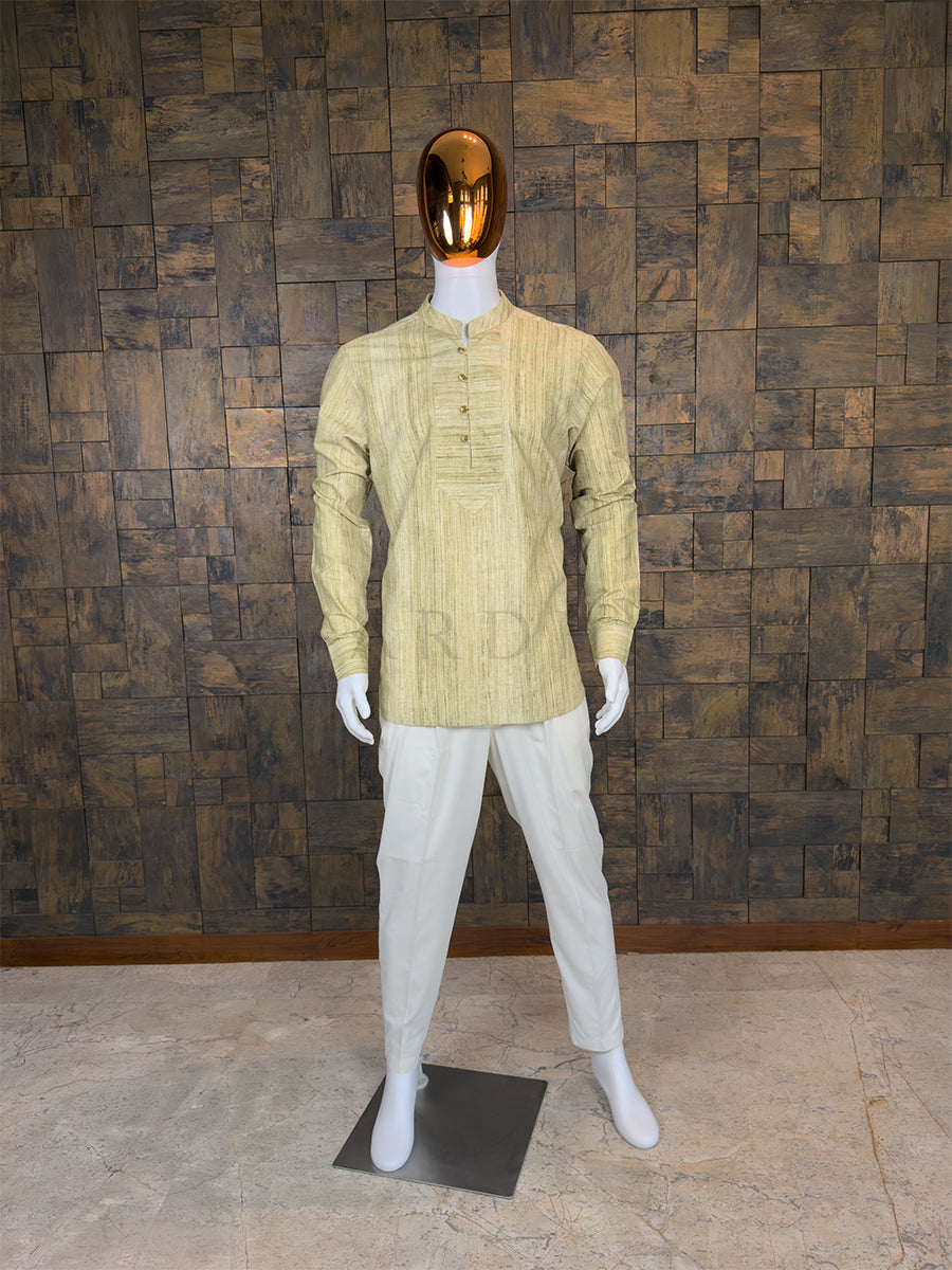 Olive Green Textured Cotton Short Kurta with Structured Placket House of Vardha