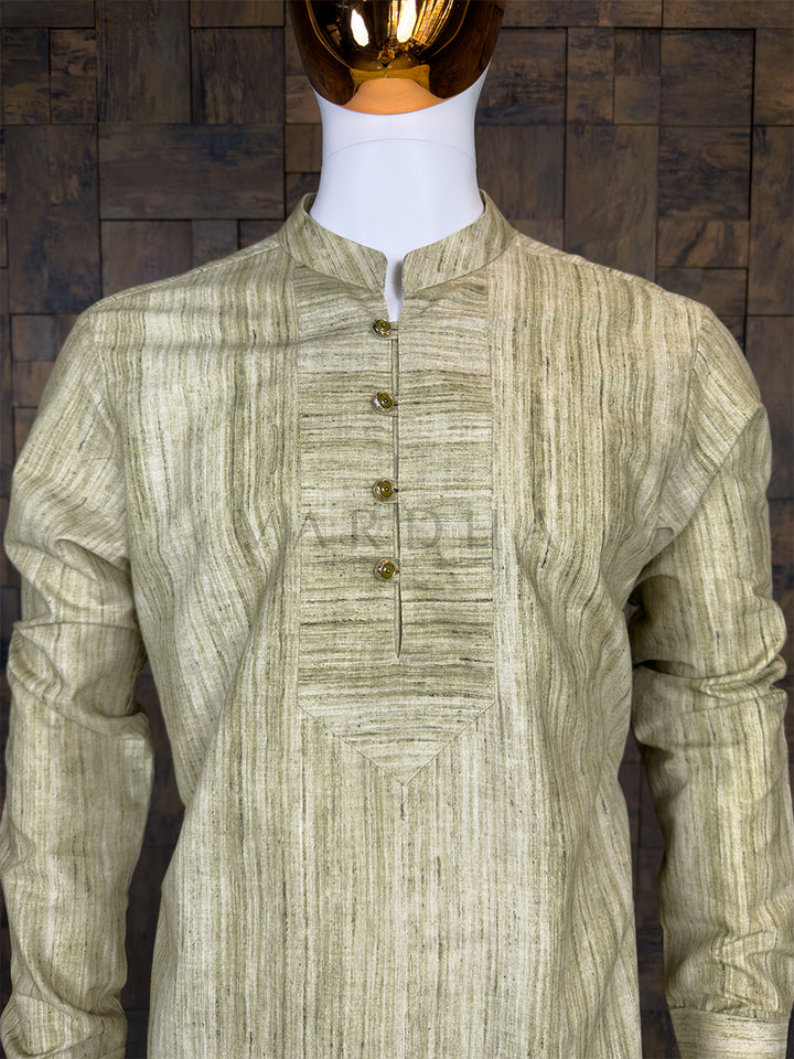 Olive Green Textured Cotton Short Kurta with Structured Placket