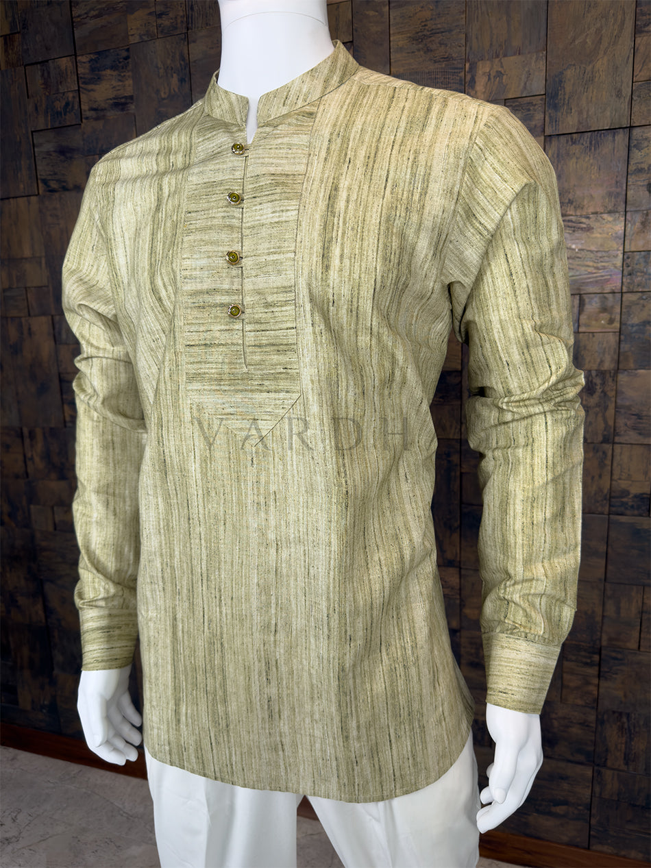 Olive Green Textured Cotton Short Kurta with Structured Placket