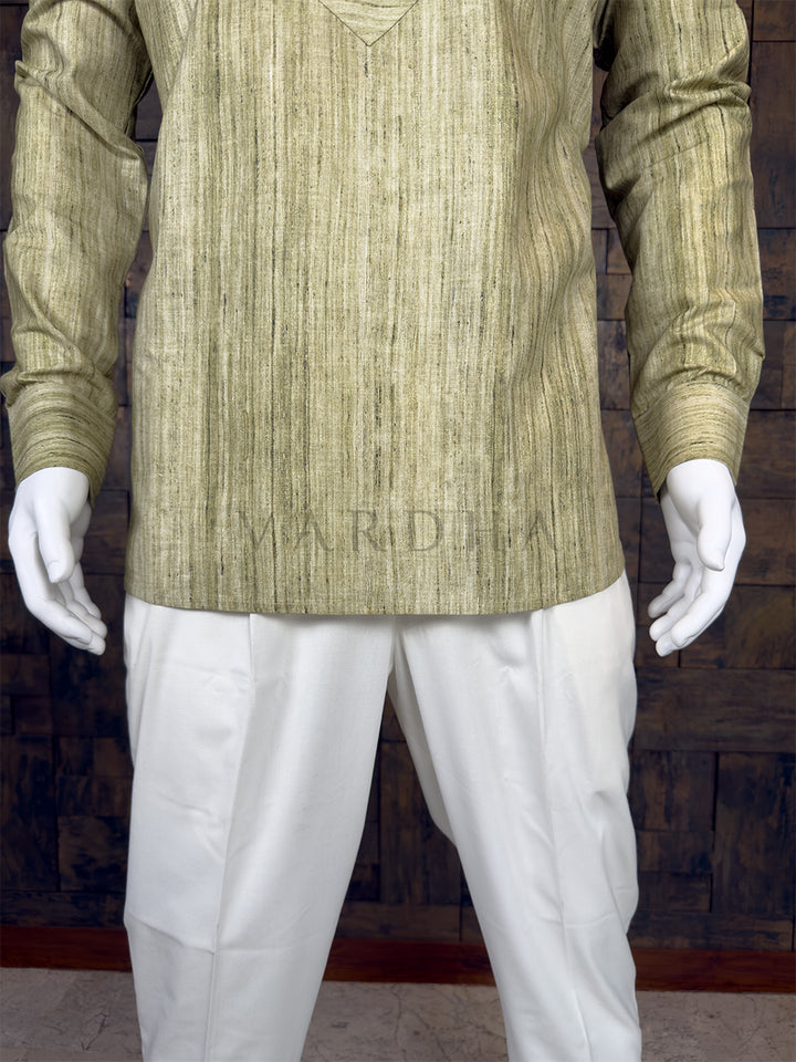 Olive Green Textured Cotton Short Kurta with Structured Placket
