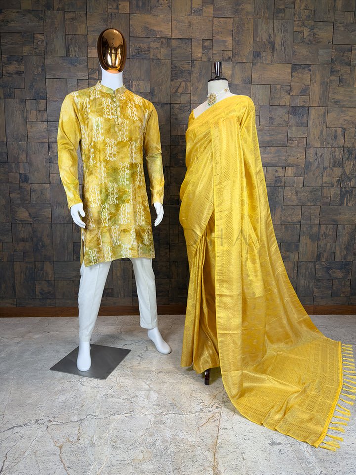 Yellow Gold Zari Kanjivaram Saree & Shibori Dyed Kurta Ethnic Couple Set