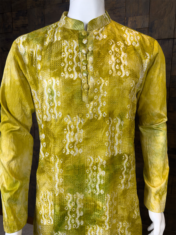 Yellow Gold Zari Kanjivaram Saree & Shibori Dyed Kurta Ethnic Couple Set