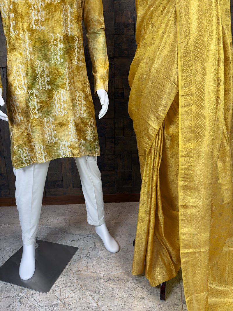 Yellow Gold Zari Kanjivaram Saree & Shibori Dyed Kurta Ethnic Couple Set