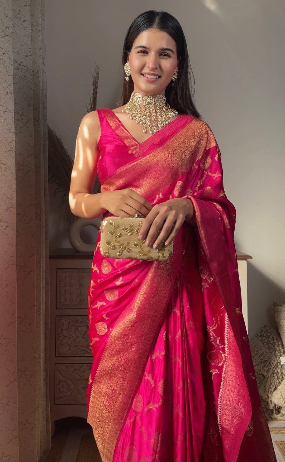 Barbie Pink Banarasi Satin Silk Saree