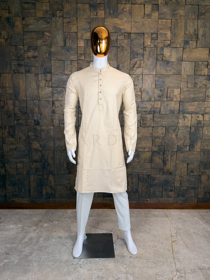 Cream Asymmetrical Pintuck Pure Cotton Kurta