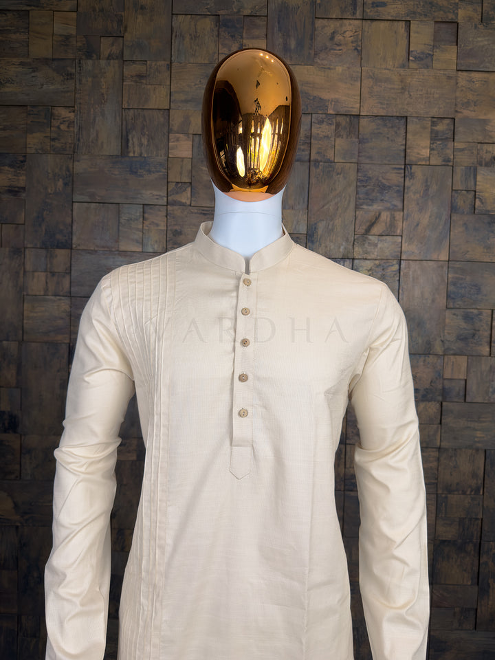 Cream Asymmetrical Pintuck Pure Cotton Kurta