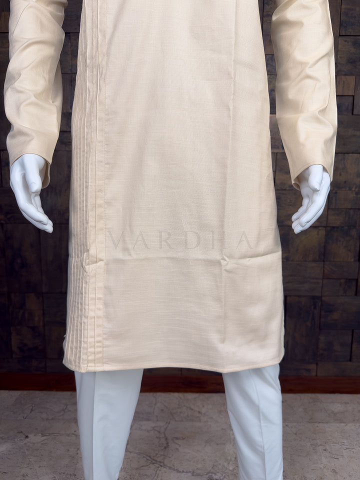 Cream Asymmetrical Pintuck Pure Cotton Kurta