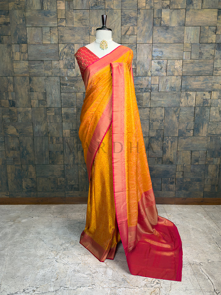 Ochre Yellow-Red Tanchoi Satin Silk Saree with Zari Work