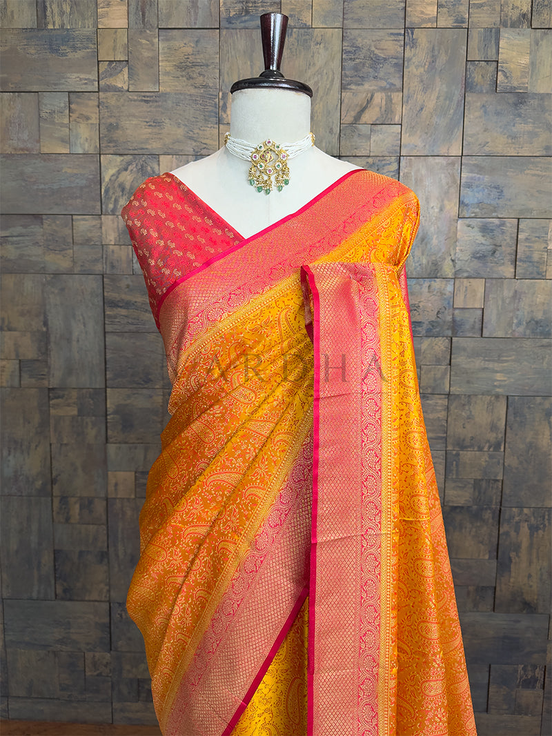 Ochre Yellow-Red Tanchoi Satin Silk Saree with Zari Work