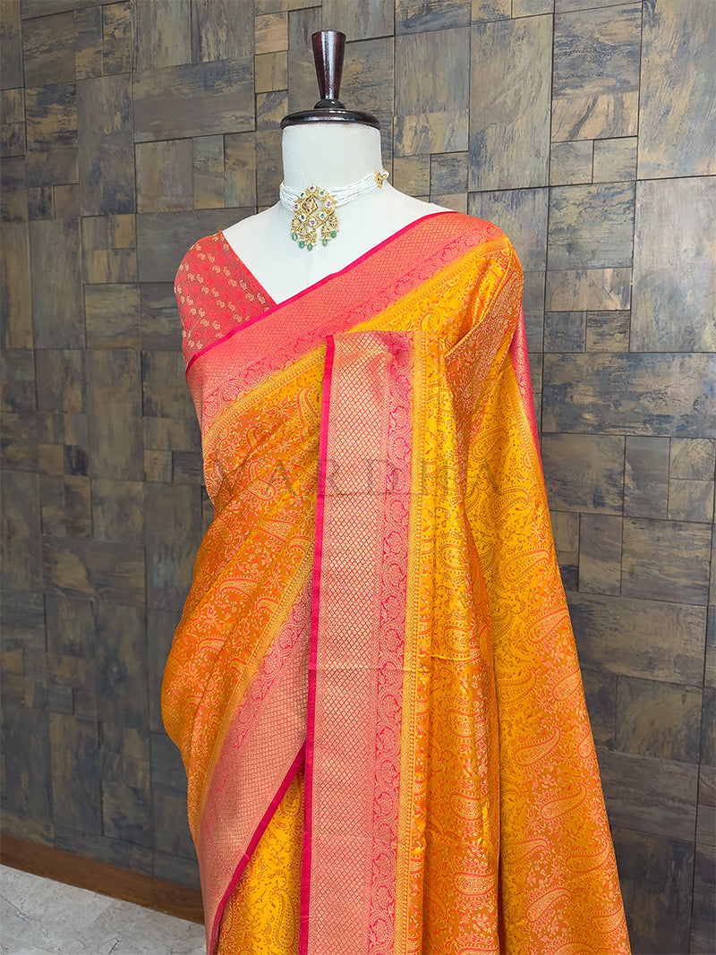 Ochre Yellow-Red Tanchoi Satin Silk Saree with Zari Work