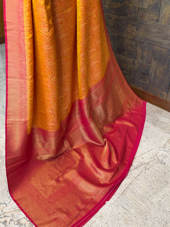 Ochre Yellow-Red Tanchoi Satin Silk Saree with Zari Work