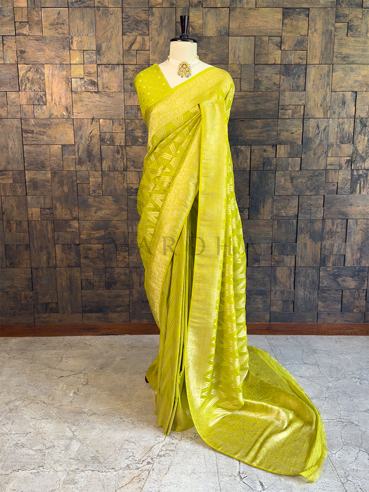 Lime Green Feather Soft Saree with Rich Zari Woven Pallu