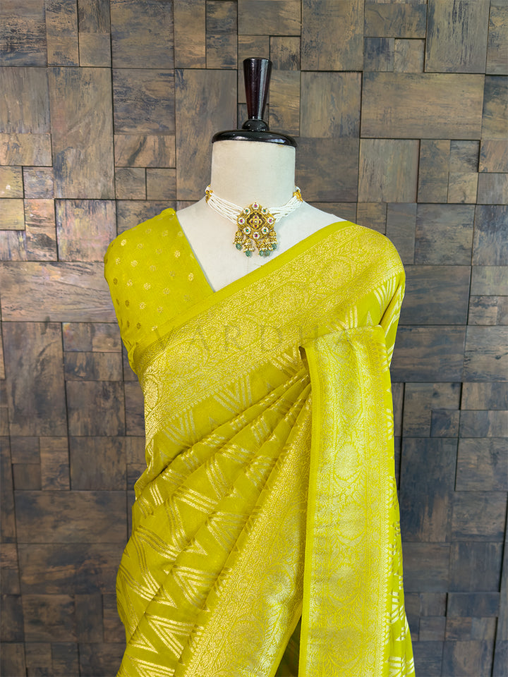 Lime Green Feather Soft Saree with Rich Zari Woven Pallu