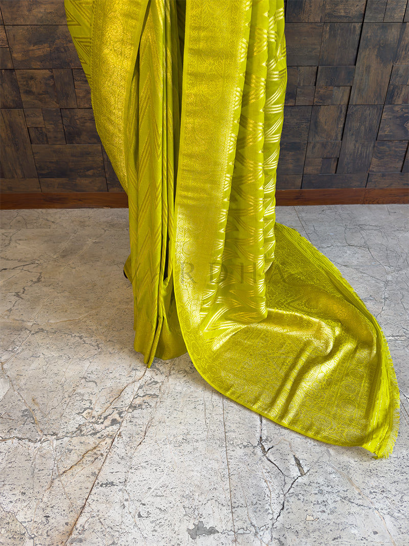 Lime Green Feather Soft Saree with Rich Zari Woven Pallu