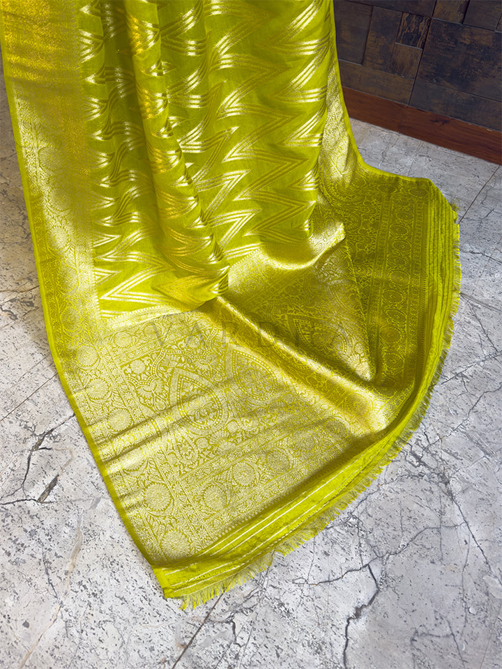 Lime Green Feather Soft Saree with Rich Zari Woven Pallu