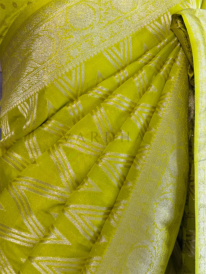 Lime Green Feather Soft Saree with Rich Zari Woven Pallu