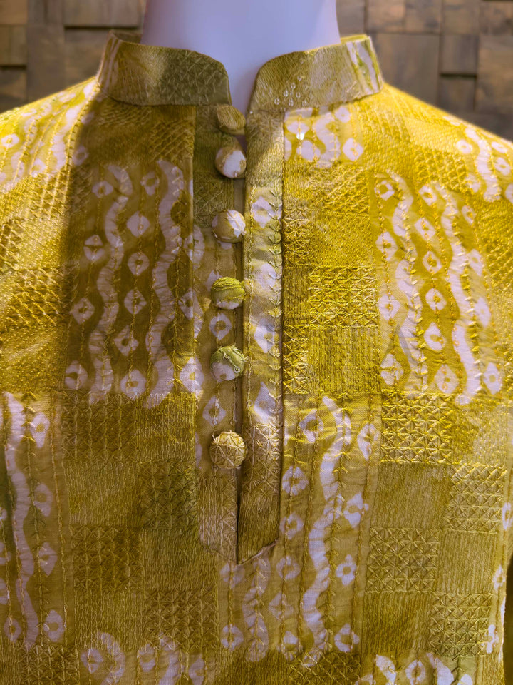Yellow Viscose Chanderi Kurta with Shibori Dyed & Sequin Embroidery