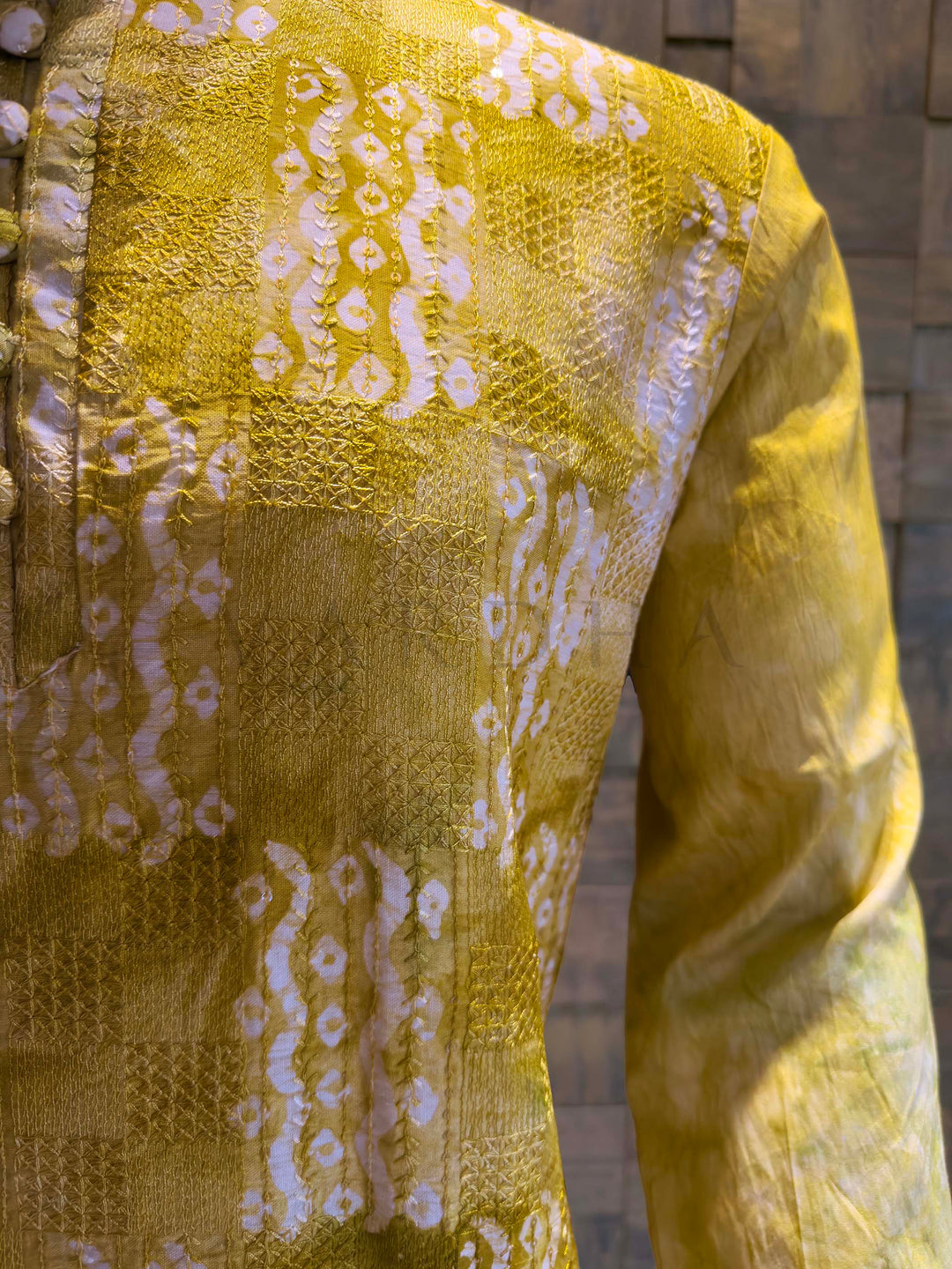 Yellow Viscose Chanderi Kurta with Shibori Dyed & Sequin Embroidery