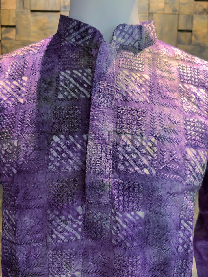 Purple Viscose Chanderi Kurta with Shibori Dye & Sequin Embroidery