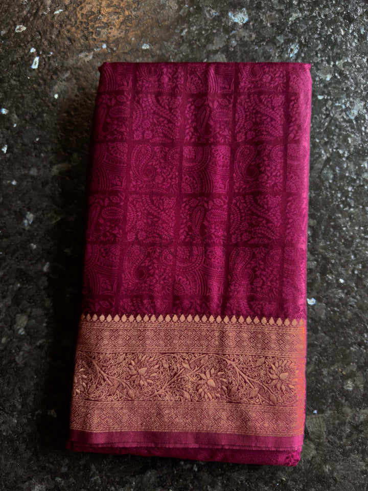 Wine Banarasi Satin Silk Saree with Gold Zari