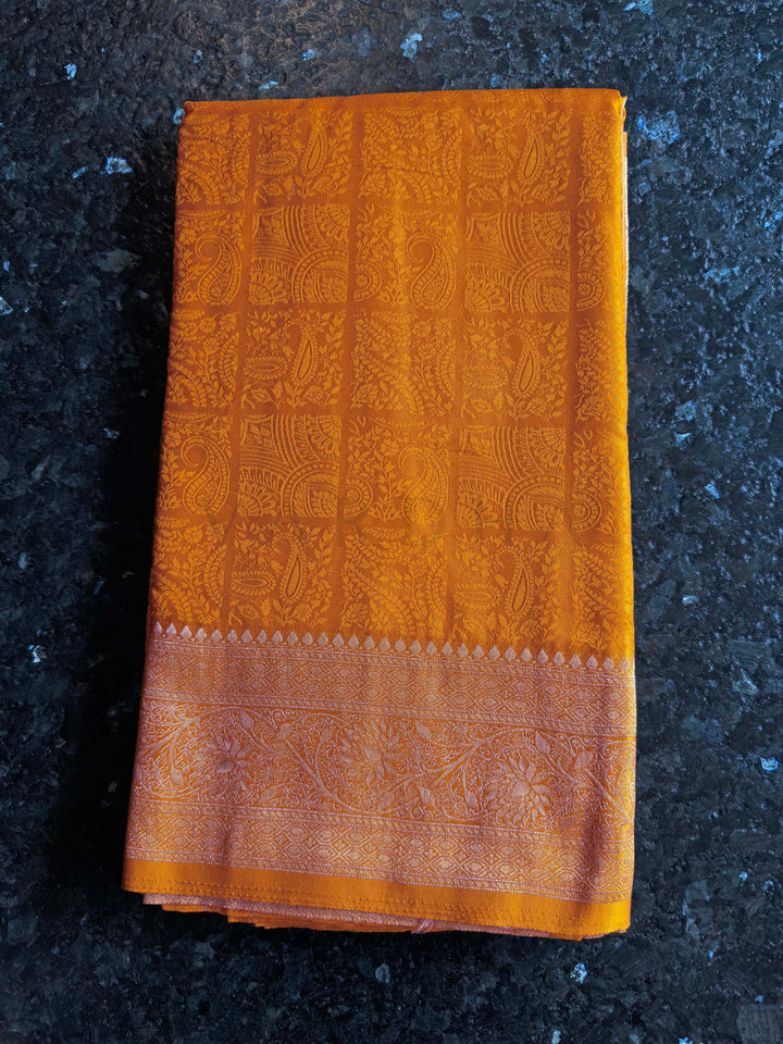 Mustard Yellow Banarasi Satin Silk Saree with Gold Zari
