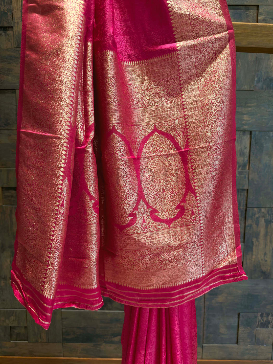 Rani Pink Banarasi Satin Silk Saree with Gold Zari