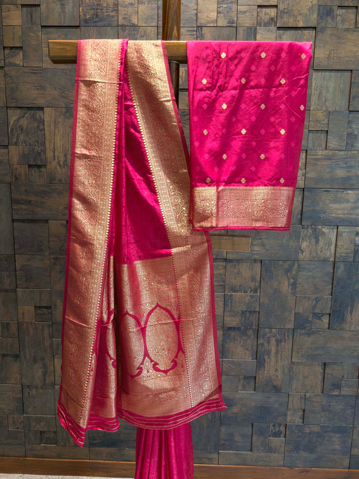 Rani Pink Banarasi Satin Silk Saree with Gold Zari