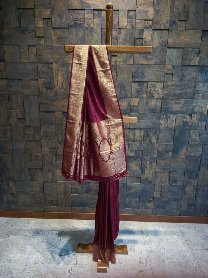Wine Banarasi Satin Silk Saree with Gold Zari