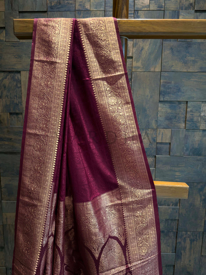 Wine Banarasi Satin Silk Saree with Gold Zari