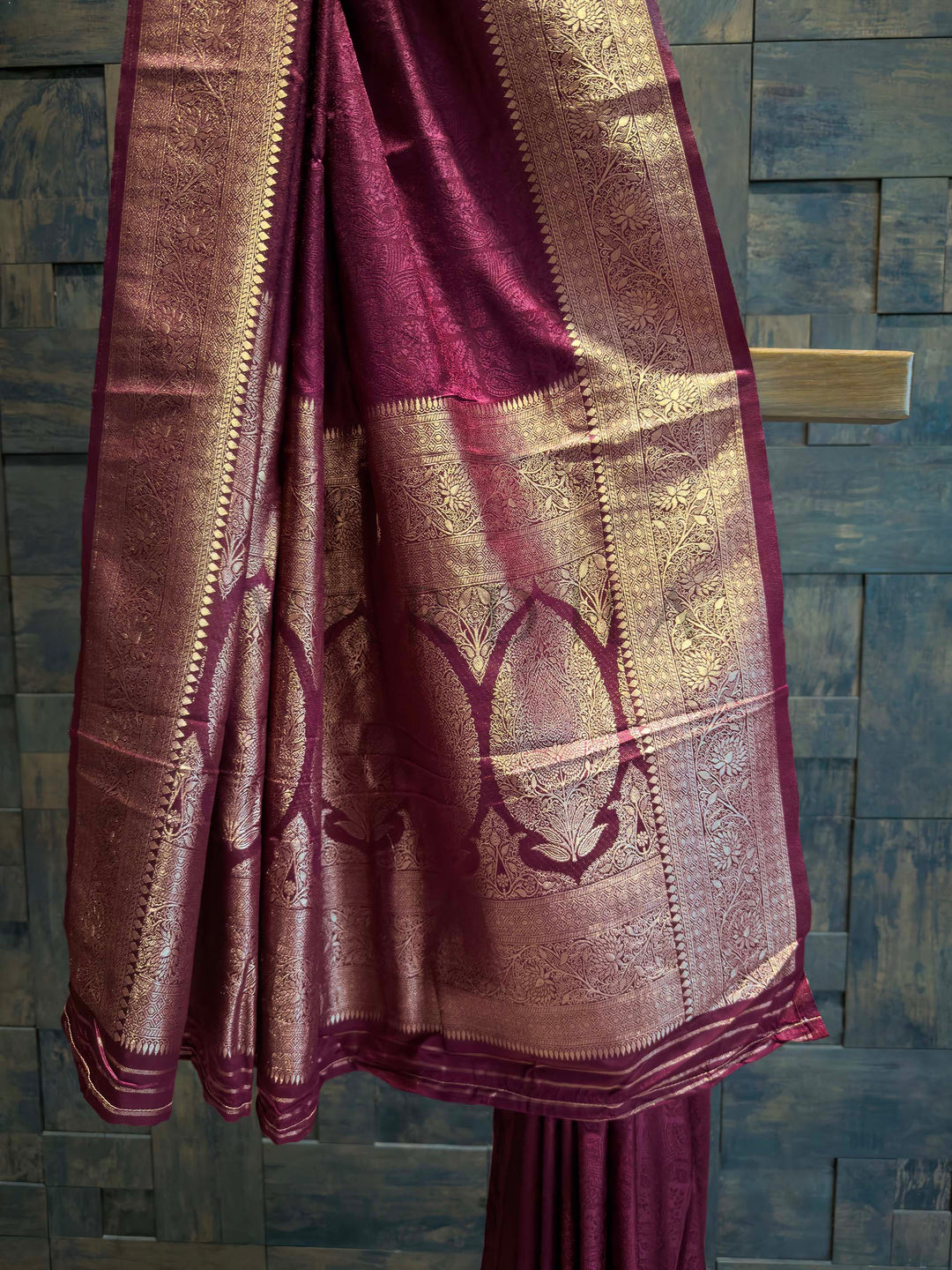 Wine Banarasi Satin Silk Saree with Gold Zari