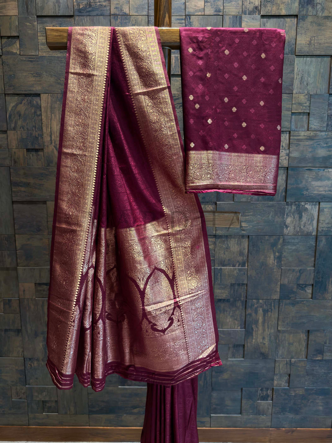 Wine Banarasi Satin Silk Saree with Gold Zari