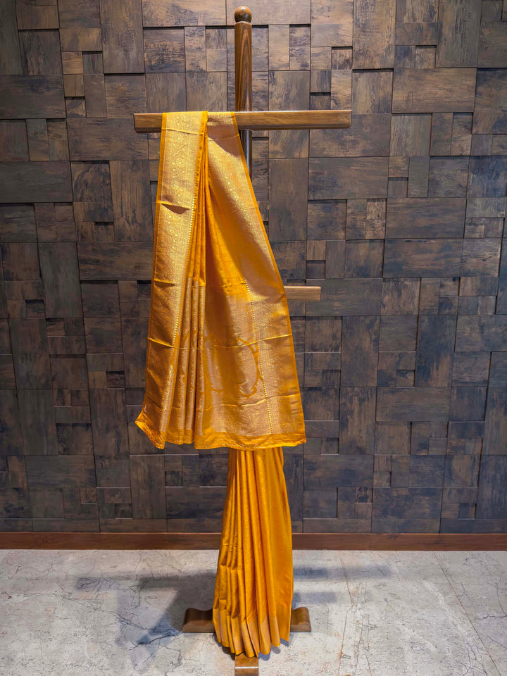 Mustard Yellow Banarasi Satin Silk Saree with Gold Zari
