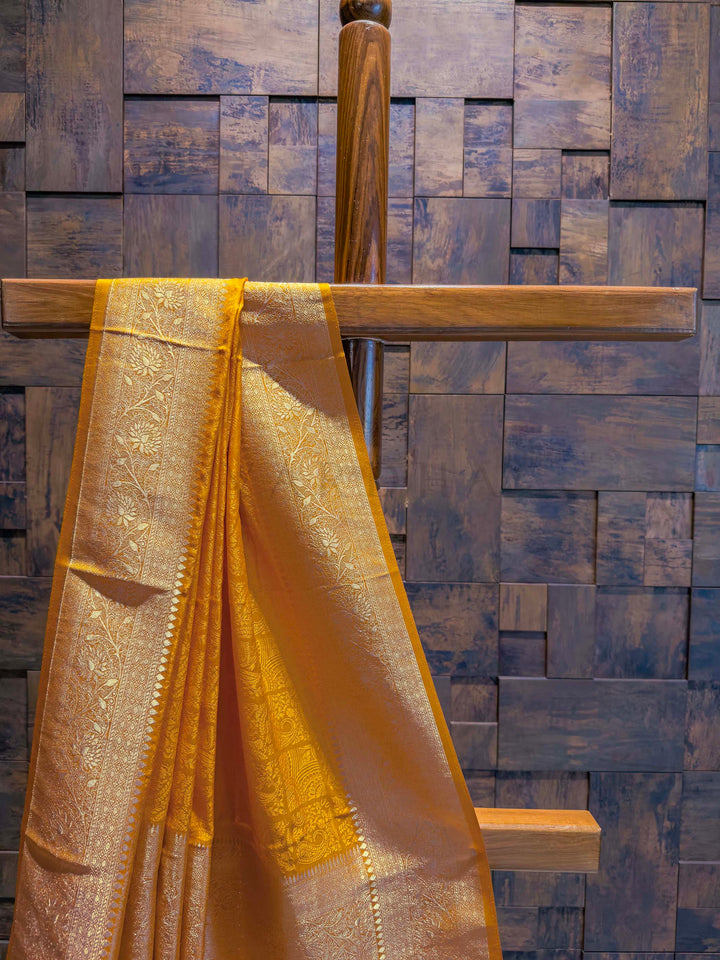 Mustard Yellow Banarasi Satin Silk Saree with Gold Zari