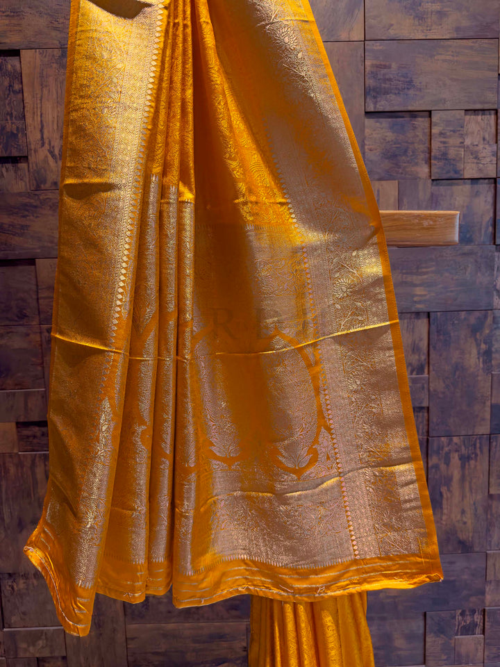 Mustard Yellow Banarasi Satin Silk Saree with Gold Zari