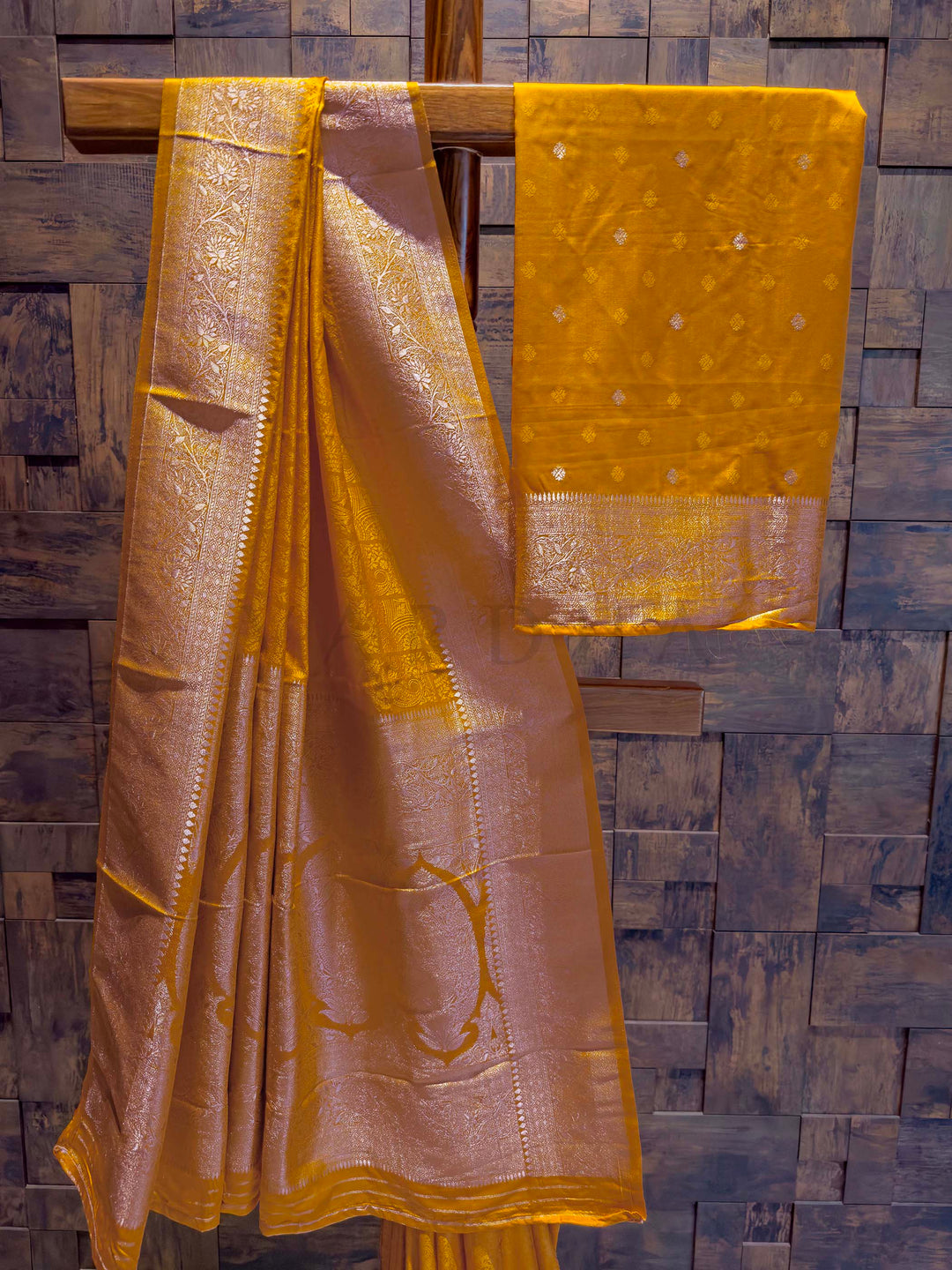 Mustard Yellow Banarasi Satin Silk Saree with Gold Zari