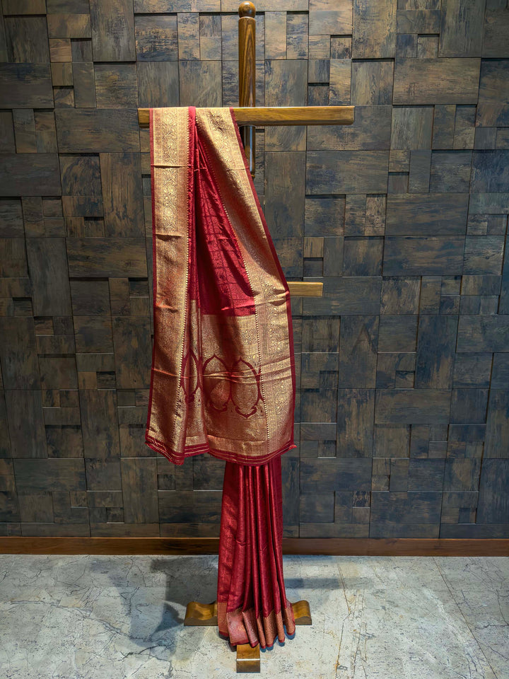 Red Banarasi Satin Silk Saree with Gold Zari