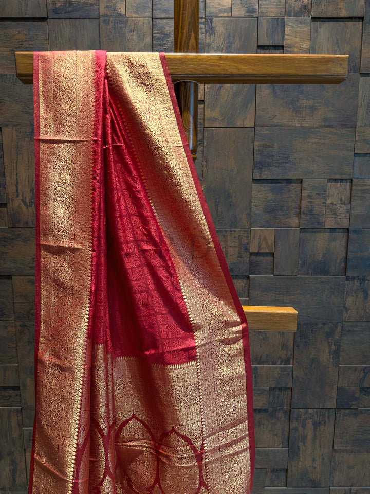 Red Banarasi Satin Silk Saree with Gold Zari