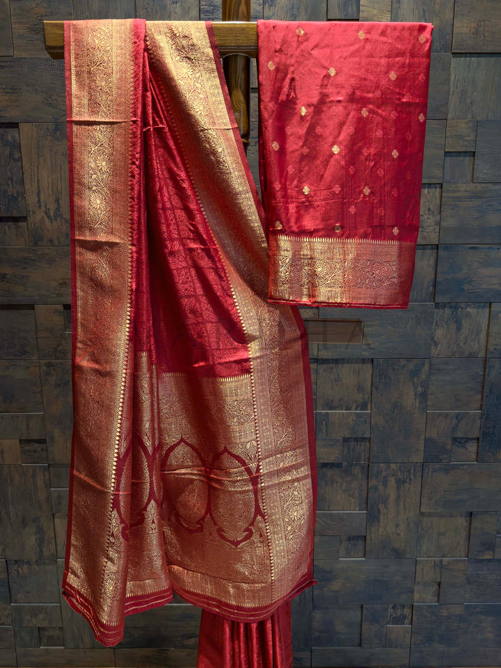 Red Banarasi Satin Silk Saree with Gold Zari