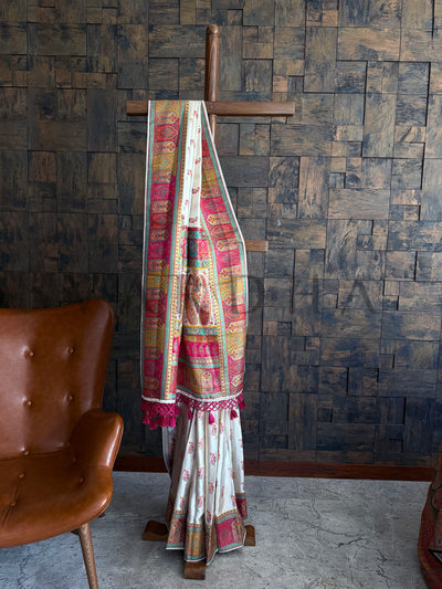 Full Draped Saree on Wooden Stand with Contrast Magenta & Gold Pallu Detailing