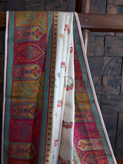 Heritage Paisley Border on White Silk Saree with Intricate Woven Finish

