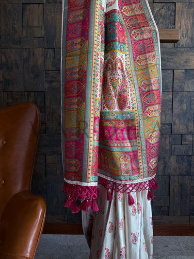 Pallu Detail Featuring Traditional Kashmiri and Mughal Motifs on White Base