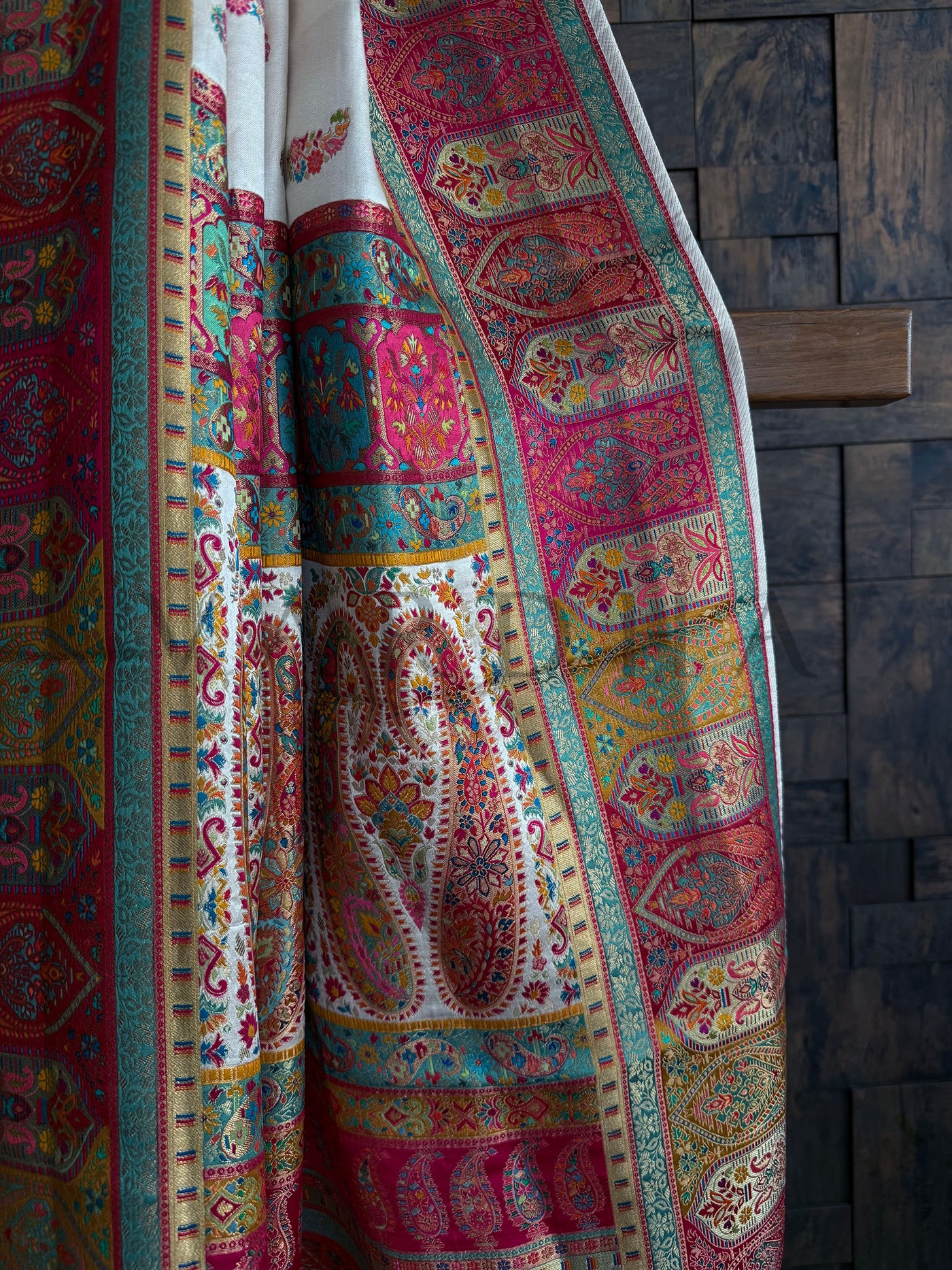 Pallu Close-Up Showing Traditional Jaal Work in Pink, Green, and Mustard Accents